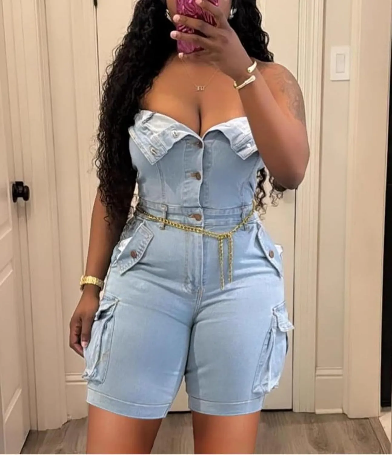 Voghtic Women's Sexy Tube Denim Romper Cargo Jean Shorts Jumpsuits Going Out Outfits