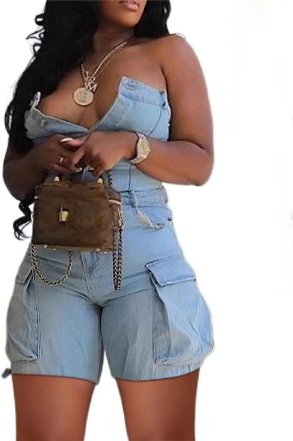 Voghtic Women's Sexy Tube Denim Romper Cargo Jean Shorts Jumpsuits Going Out Outfits