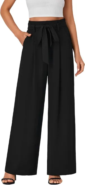 Vrtige Women's Casual Tie Knot High Waist Wide Leg Long Pants Trousers with Pocket