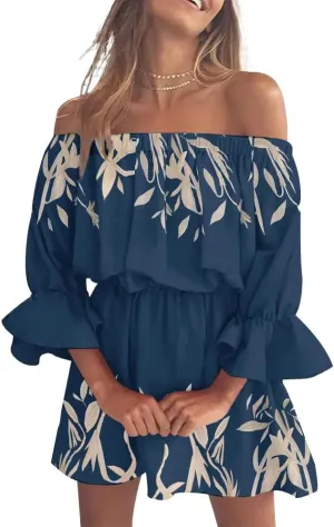 Vrtige Women's Floral Off Shoulder Flounce Half Sleeve Ruffle Hem A Line Mini Dress