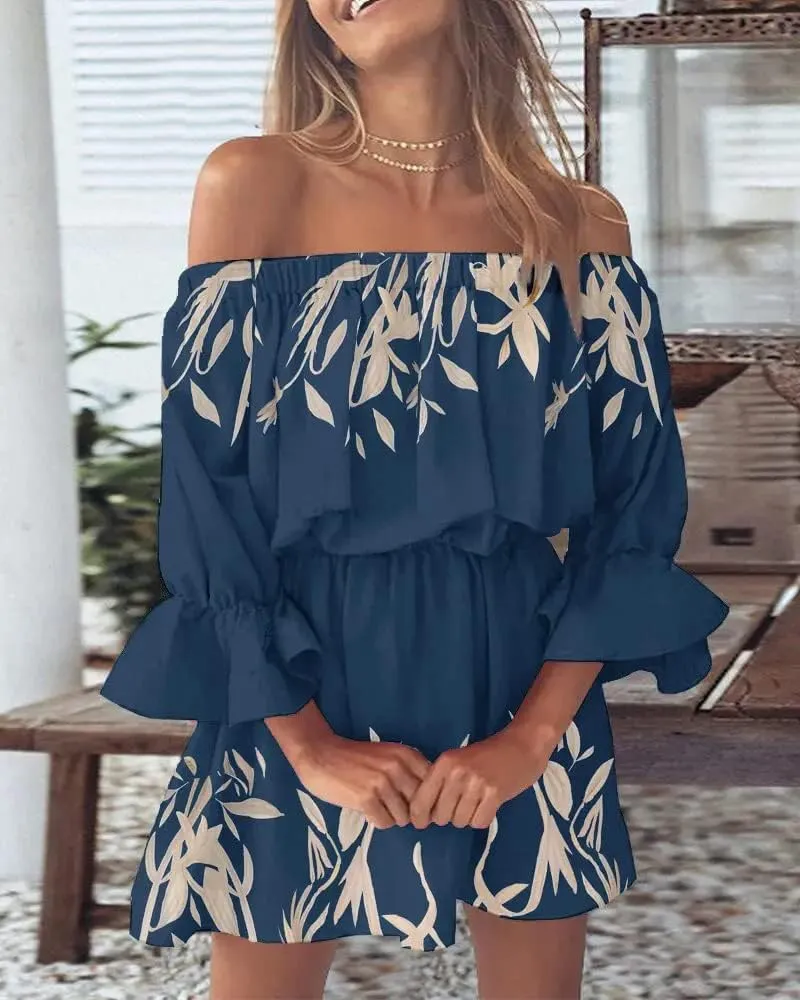 Vrtige Women's Floral Off Shoulder Flounce Half Sleeve Ruffle Hem A Line Mini Dress
