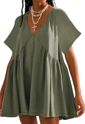 Watashi Women's Summer Short Sleeve Mini Dress V-Neck Casual Loose Pleated Dress Doll Neck Short Dress with Pockets