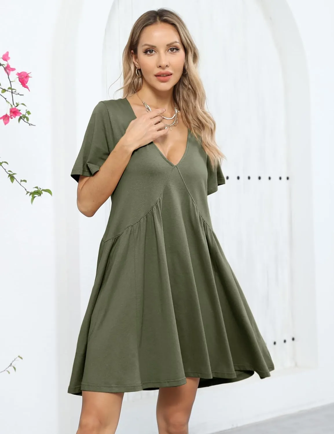 Watashi Women's Summer Short Sleeve Mini Dress V-Neck Casual Loose Pleated Dress Doll Neck Short Dress with Pockets