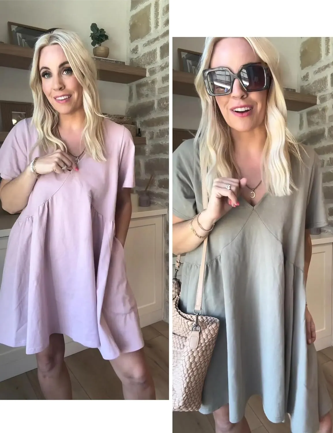 Watashi Women's Summer Short Sleeve Mini Dress V-Neck Casual Loose Pleated Dress Doll Neck Short Dress with Pockets