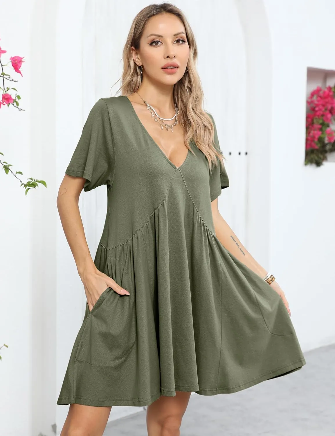Watashi Women's Summer Short Sleeve Mini Dress V-Neck Casual Loose Pleated Dress Doll Neck Short Dress with Pockets