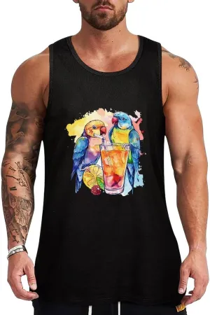 Watercolor Cocktails Birds Drining Juice Mens Tank Top Cotton Undershirt Crewneck Sleeveless Shirt for Summer