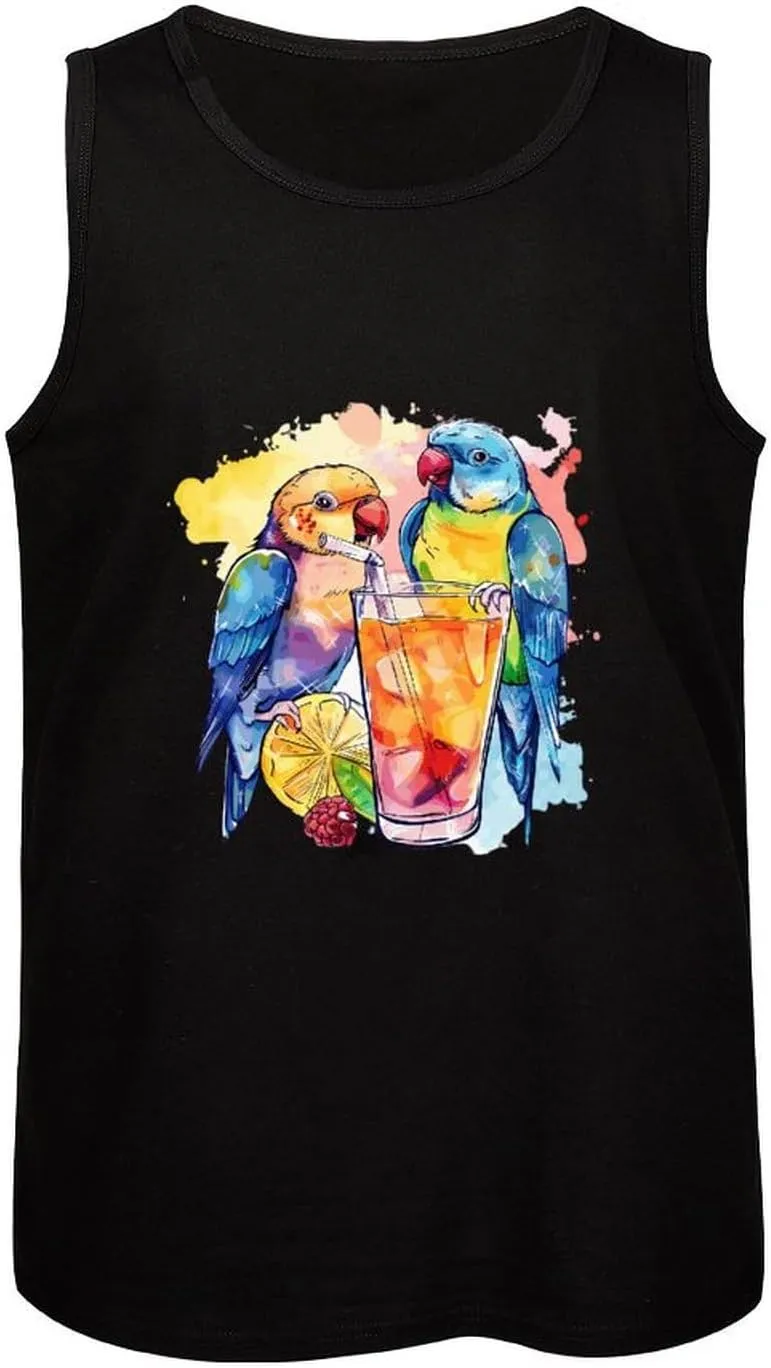 Watercolor Cocktails Birds Drining Juice Mens Tank Top Cotton Undershirt Crewneck Sleeveless Shirt for Summer
