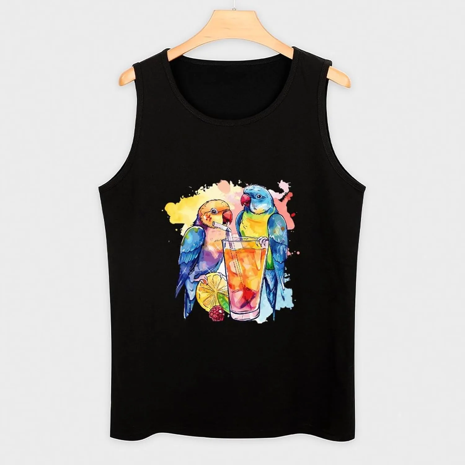 Watercolor Cocktails Birds Drining Juice Mens Tank Top Cotton Undershirt Crewneck Sleeveless Shirt for Summer