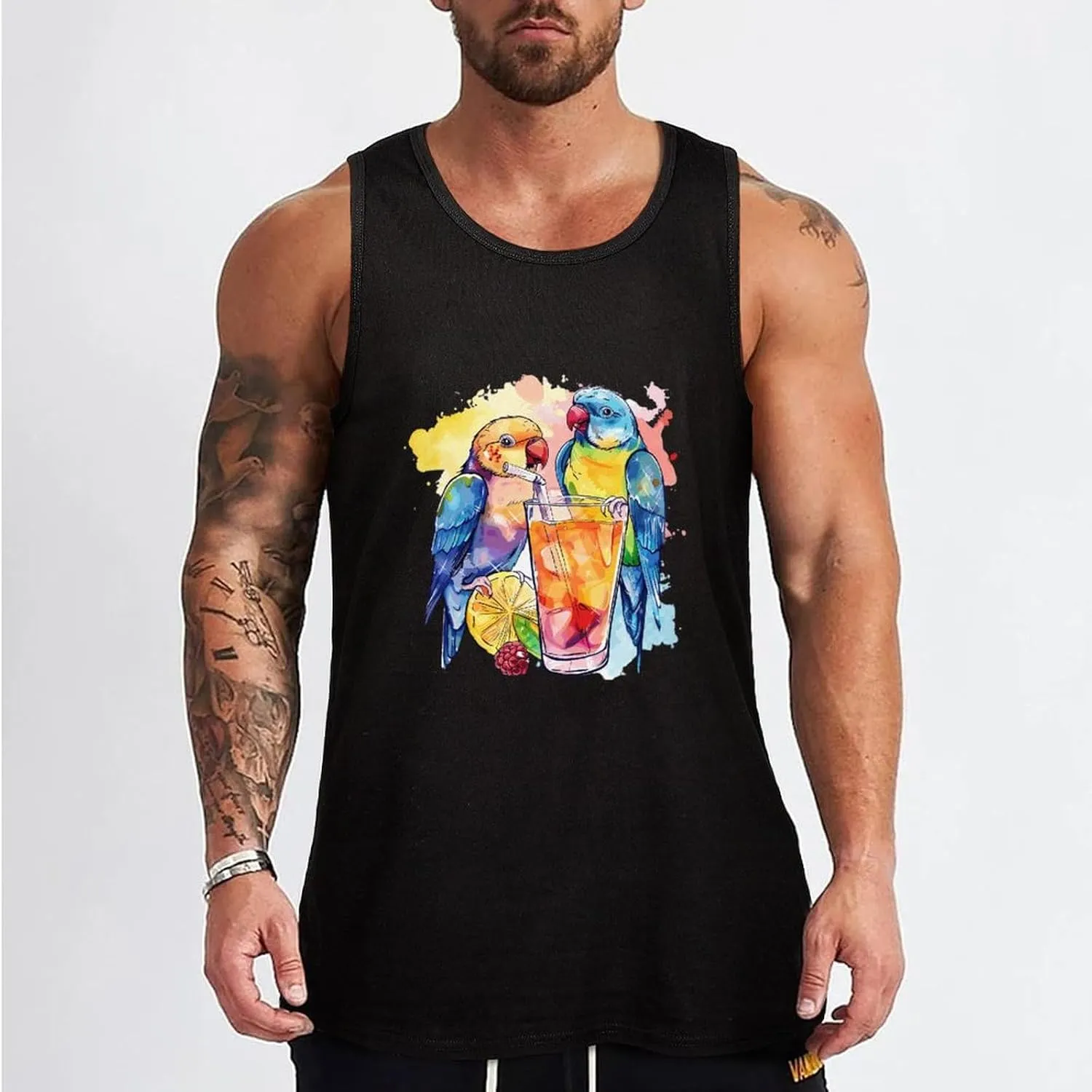 Watercolor Cocktails Birds Drining Juice Mens Tank Top Cotton Undershirt Crewneck Sleeveless Shirt for Summer