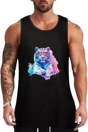 Watercolor White Tiger Glasses Mens Tank Top Cotton Undershirt Crewneck Sleeveless Shirt for Summer