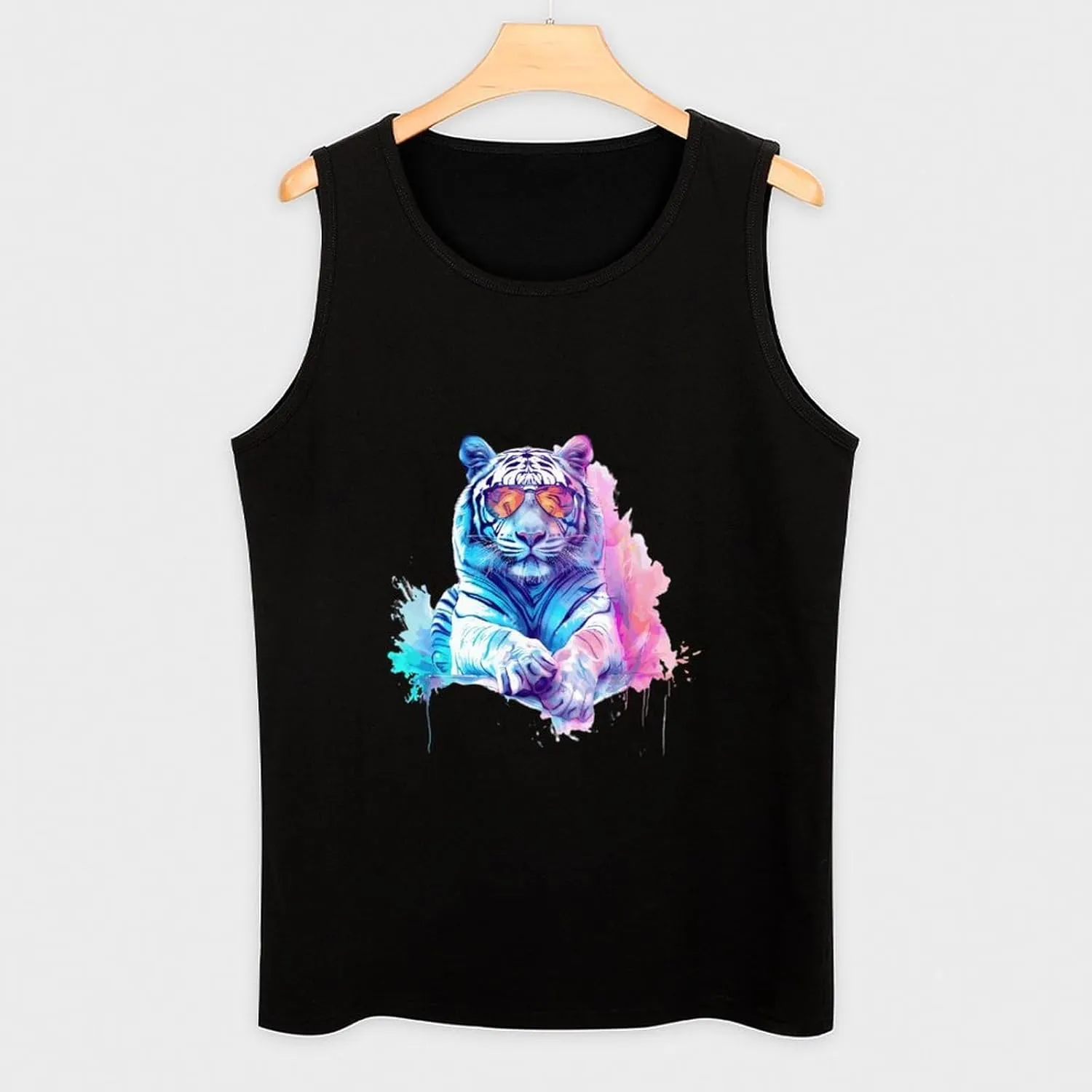 Watercolor White Tiger Glasses Mens Tank Top Cotton Undershirt Crewneck Sleeveless Shirt for Summer