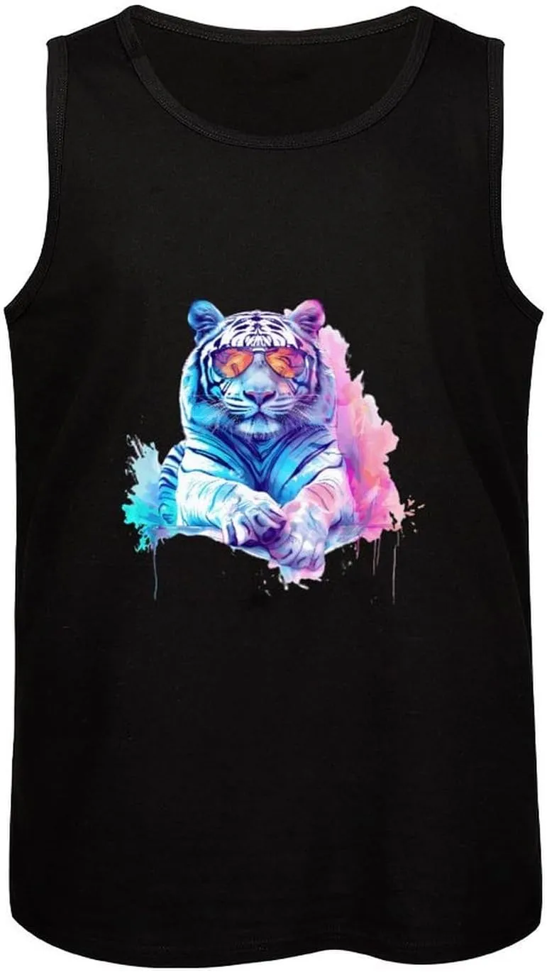 Watercolor White Tiger Glasses Mens Tank Top Cotton Undershirt Crewneck Sleeveless Shirt for Summer