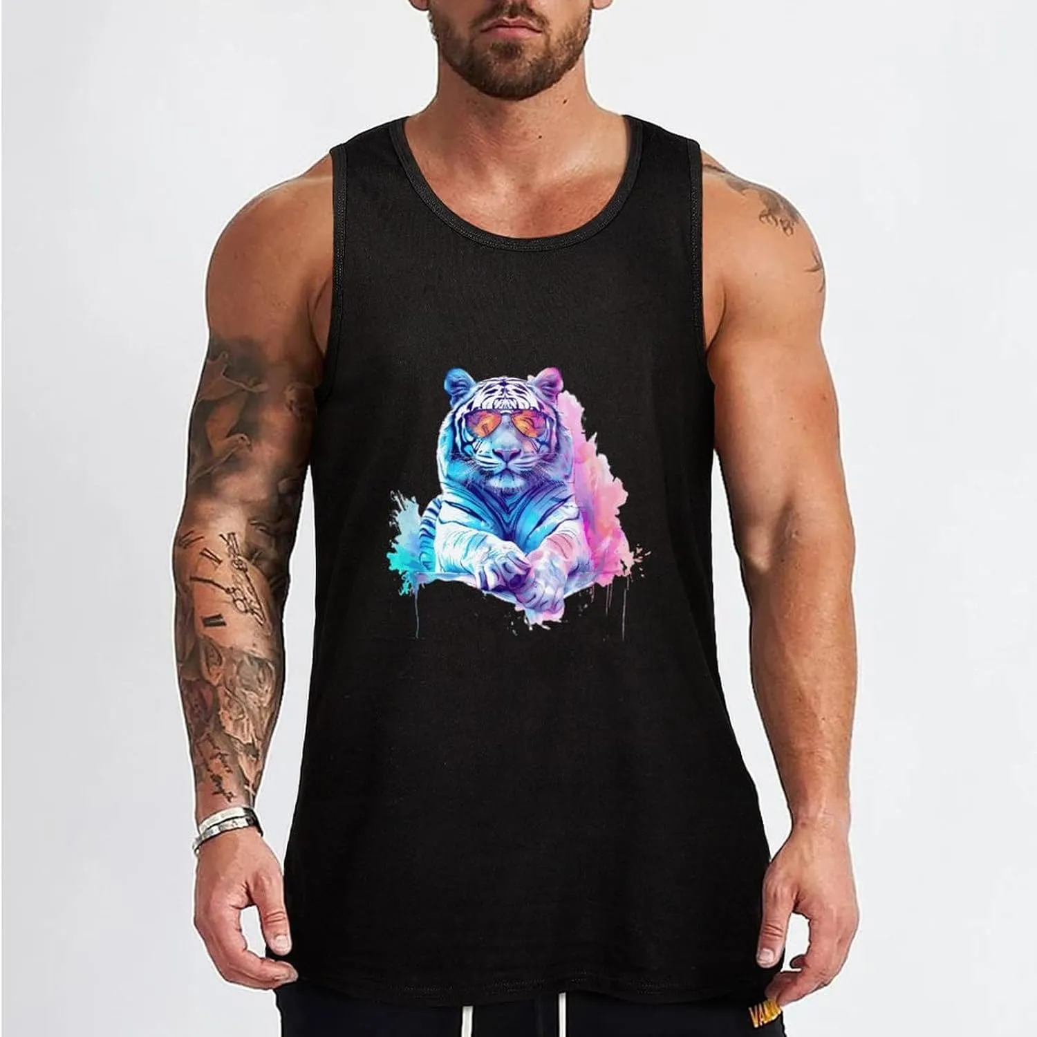 Watercolor White Tiger Glasses Mens Tank Top Cotton Undershirt Crewneck Sleeveless Shirt for Summer