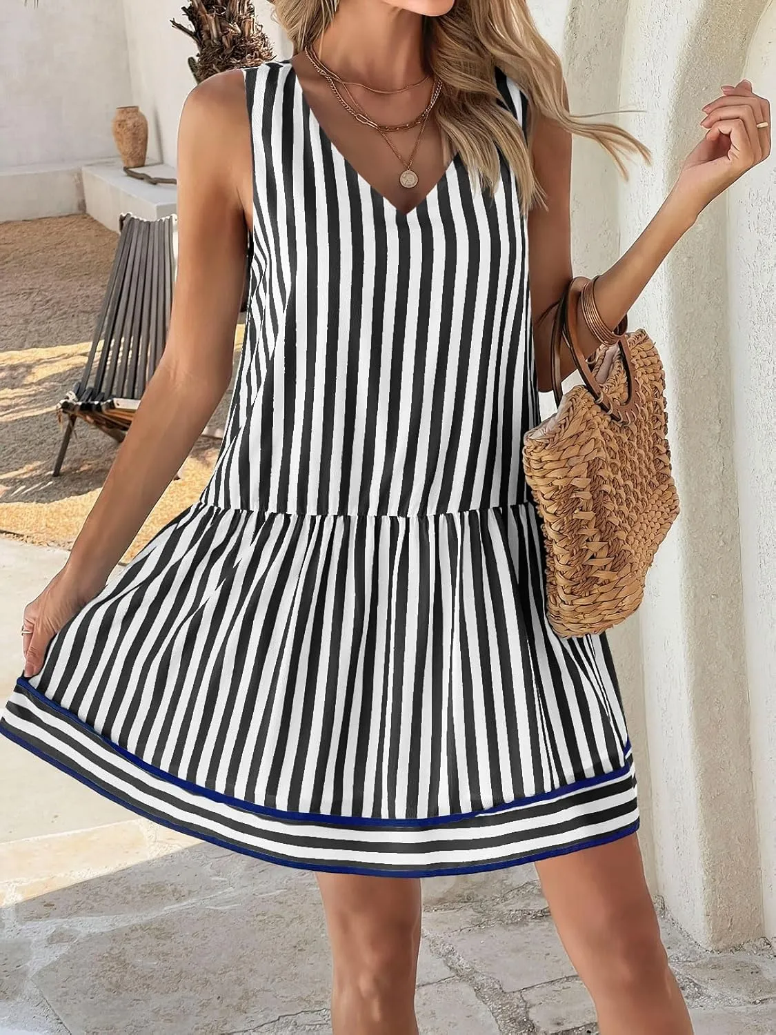 Wenrine Womens Casual Summer Dresses Sleeveless Tank Striped V Neck Loose Mini Dress