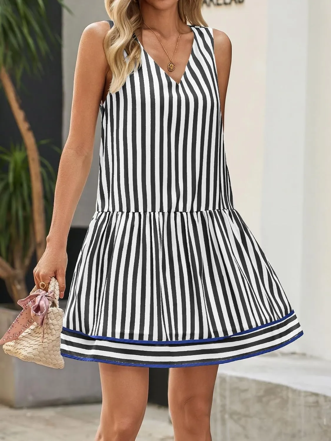 Wenrine Womens Casual Summer Dresses Sleeveless Tank Striped V Neck Loose Mini Dress