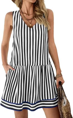 Wenrine Womens Casual Summer Dresses Sleeveless Tank Striped V Neck Loose Mini Dress