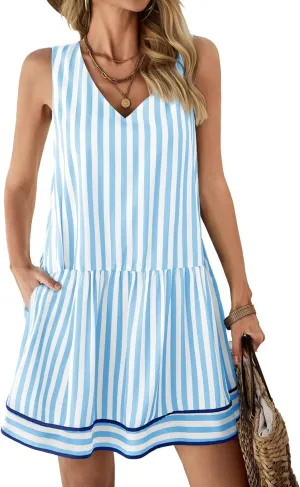 Wenrine Womens Casual Summer Dresses Sleeveless Tank Striped V Neck Loose Mini Dress