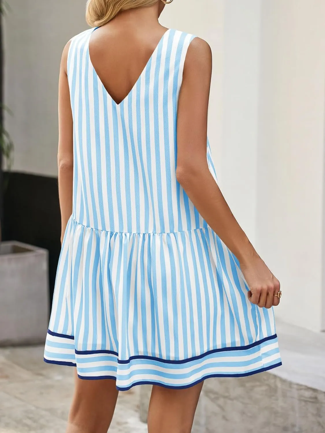 Wenrine Womens Casual Summer Dresses Sleeveless Tank Striped V Neck Loose Mini Dress
