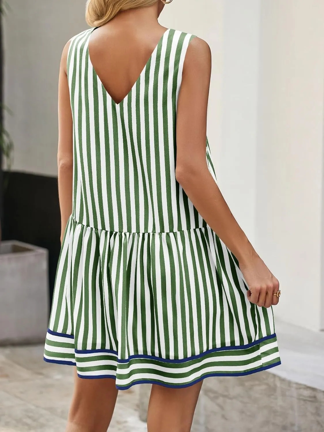 Wenrine Womens Casual Summer Dresses Sleeveless Tank Striped V Neck Loose Mini Dress