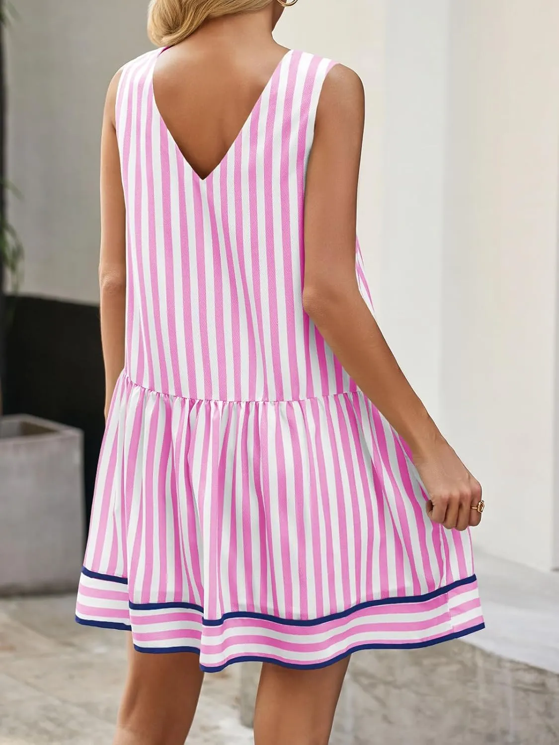 Wenrine Womens Casual Summer Dresses Sleeveless Tank Striped V Neck Loose Mini Dress