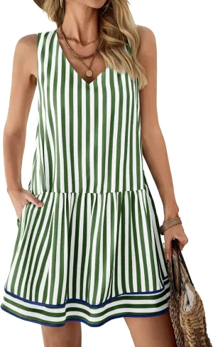 Wenrine Womens Casual Summer Dresses Sleeveless Tank Striped V Neck Loose Mini Dress