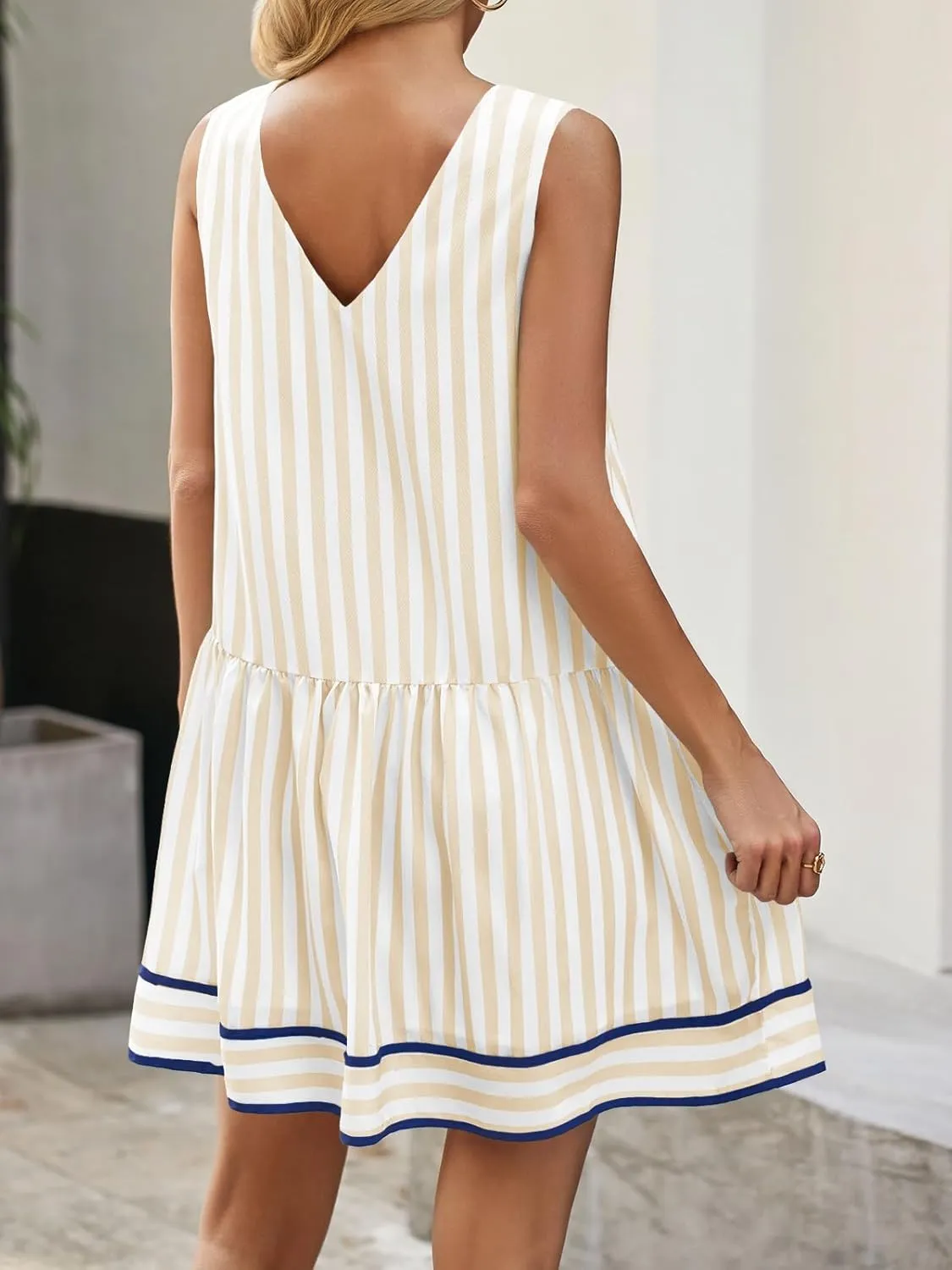 Wenrine Womens Casual Summer Dresses Sleeveless Tank Striped V Neck Loose Mini Dress