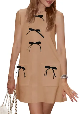 Wenrine Women's Summer Sleeveless Mini Dress Casual Bow Crewneck Loose Fit Knit Tank Dresses with Pockets