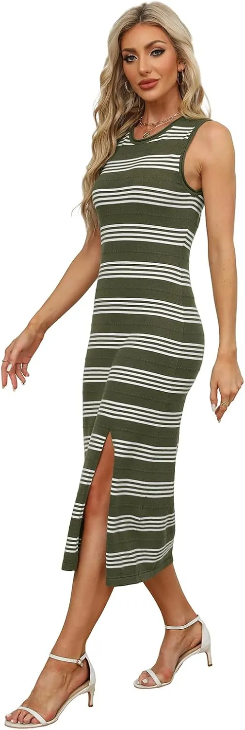 WIHOLL Womens Bodycon Summer Casual Midi Sundress Sleeveless Cute Hollow Out Knit Side Slit Striped Long Tank Dress
