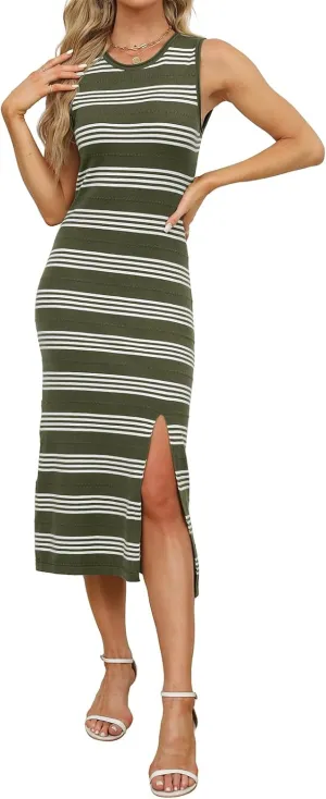 WIHOLL Womens Bodycon Summer Casual Midi Sundress Sleeveless Cute Hollow Out Knit Side Slit Striped Long Tank Dress