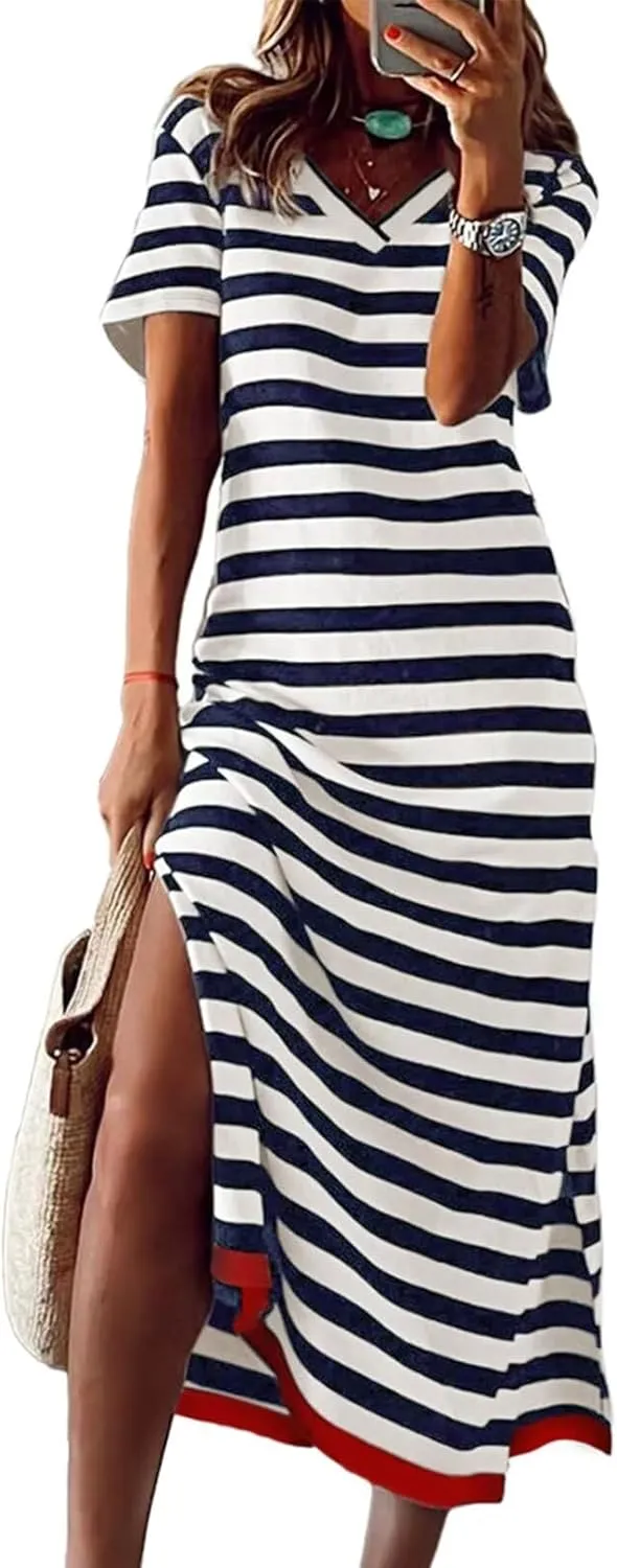 Wkior Women's Summer Maxi Dress Loose Casual Long Dress Color Block Short Sleeve Split Maxi Dresses(S-2XL)
