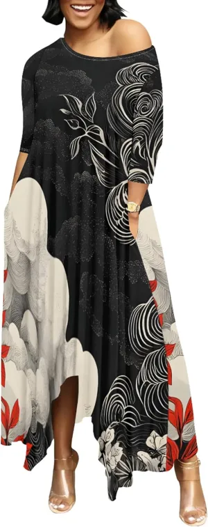 Women 2024 Trendy Off Shoulder Dress 3/4 Sleeve Swing Ruffle Irregular Hem A Line Flowy Pleated Long Maxi Dress with Pockets