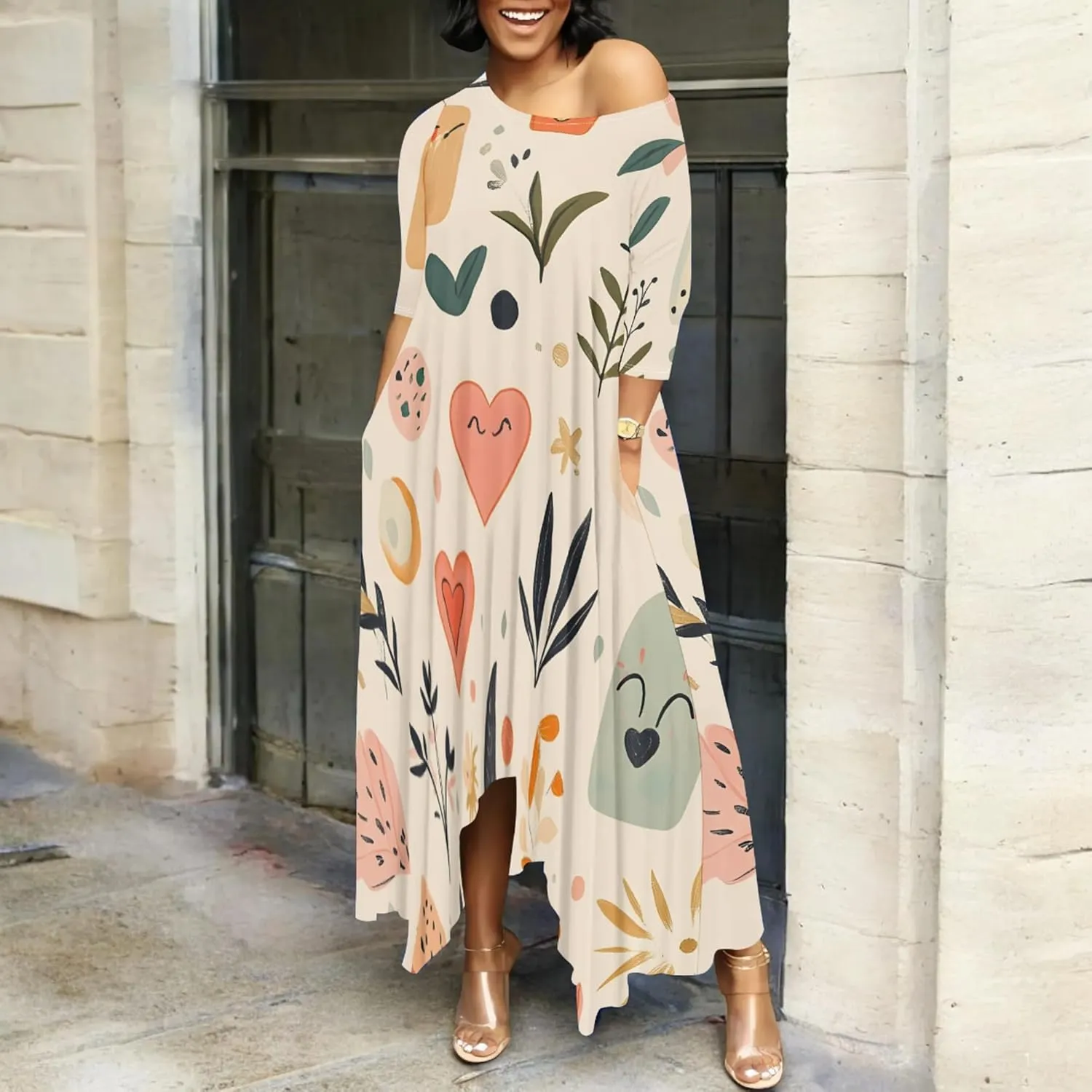 Women 2024 Trendy Off Shoulder Dress 3/4 Sleeve Swing Ruffle Irregular Hem A Line Flowy Pleated Long Maxi Dress with Pockets