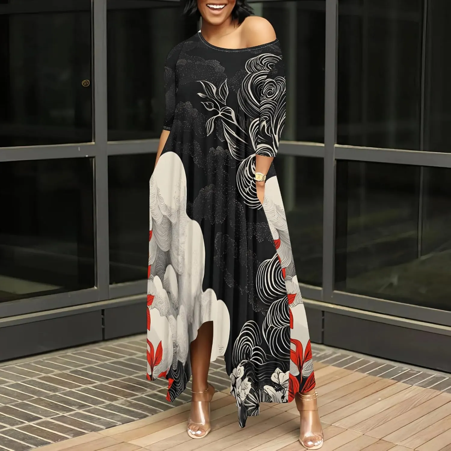 Women 2024 Trendy Off Shoulder Dress 3/4 Sleeve Swing Ruffle Irregular Hem A Line Flowy Pleated Long Maxi Dress with Pockets