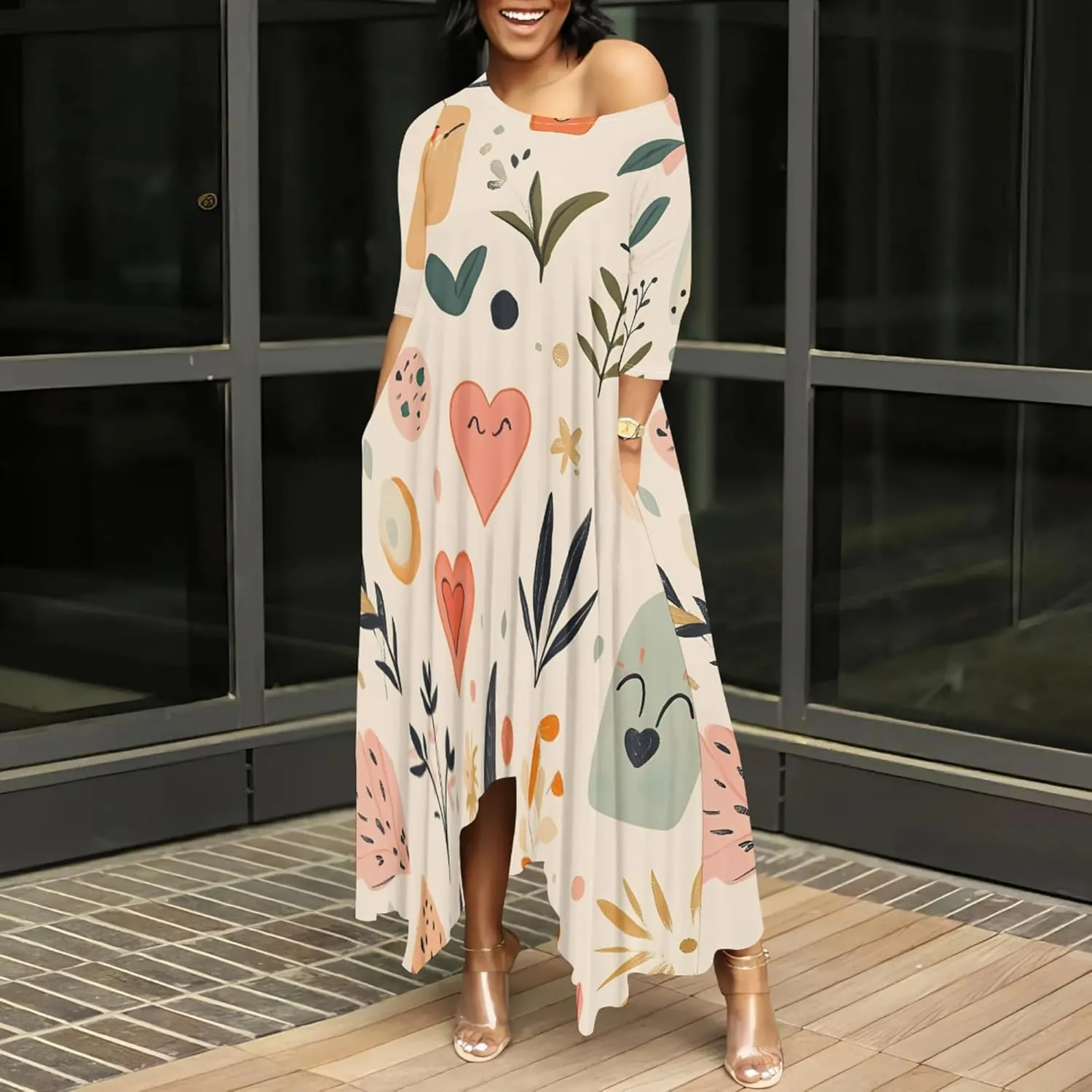Women 2024 Trendy Off Shoulder Dress 3/4 Sleeve Swing Ruffle Irregular Hem A Line Flowy Pleated Long Maxi Dress with Pockets