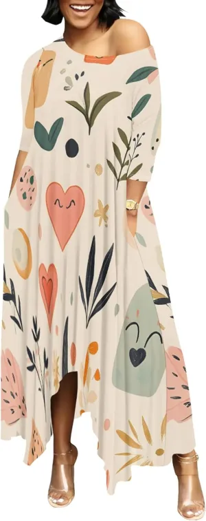 Women 2024 Trendy Off Shoulder Dress 3/4 Sleeve Swing Ruffle Irregular Hem A Line Flowy Pleated Long Maxi Dress with Pockets