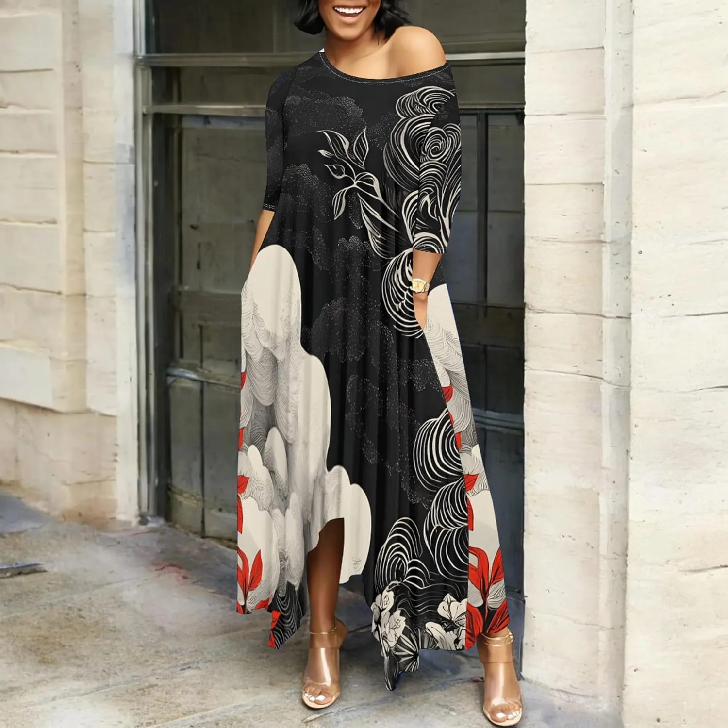 Women 2024 Trendy Off Shoulder Dress 3/4 Sleeve Swing Ruffle Irregular Hem A Line Flowy Pleated Long Maxi Dress with Pockets