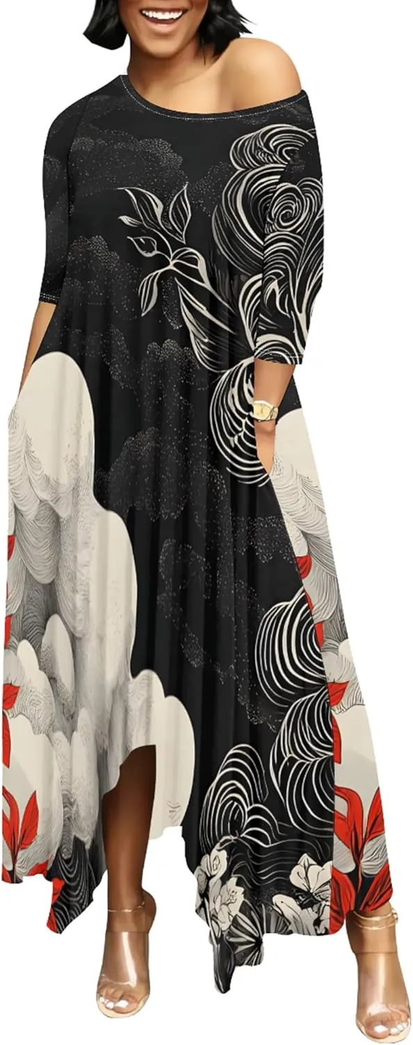 Women 2024 Trendy Off Shoulder Dress 3/4 Sleeve Swing Ruffle Irregular Hem A Line Flowy Pleated Long Maxi Dress with Pockets