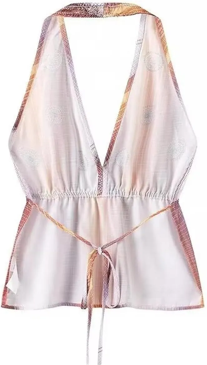 Women Backless Halter Vest with Geometric Print Camisole Crop Top Corset Summer