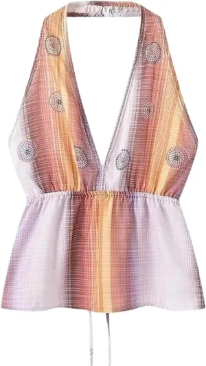 Women Backless Halter Vest with Geometric Print Camisole Crop Top Corset Summer