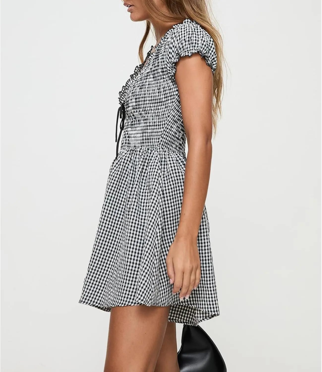 Women Boho Floral Puff Short Sleeve Smocked Ruffle Mini Dress Y2k Square Neck Backless Flowy Babydoll Dresses