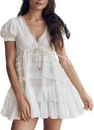 Women Boho Floral Puff Short Sleeve Smocked Ruffle Mini Dress Y2k Square Neck Backless Flowy Babydoll Dresses