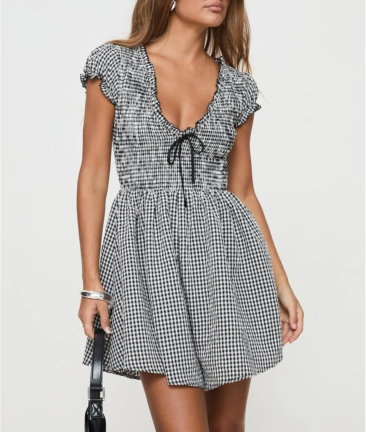 Women Boho Floral Puff Short Sleeve Smocked Ruffle Mini Dress Y2k Square Neck Backless Flowy Babydoll Dresses
