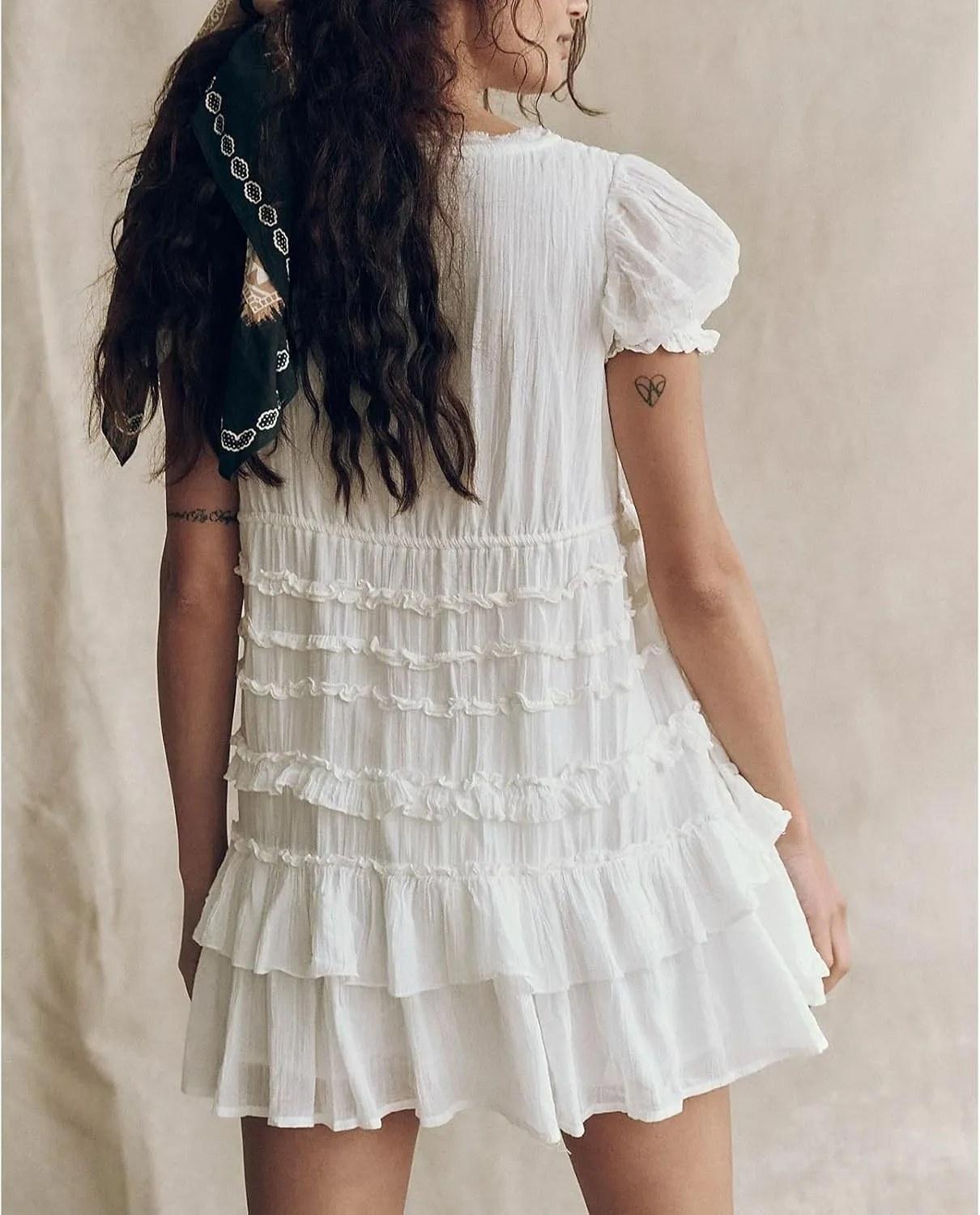 Women Boho Floral Puff Short Sleeve Smocked Ruffle Mini Dress Y2k Square Neck Backless Flowy Babydoll Dresses