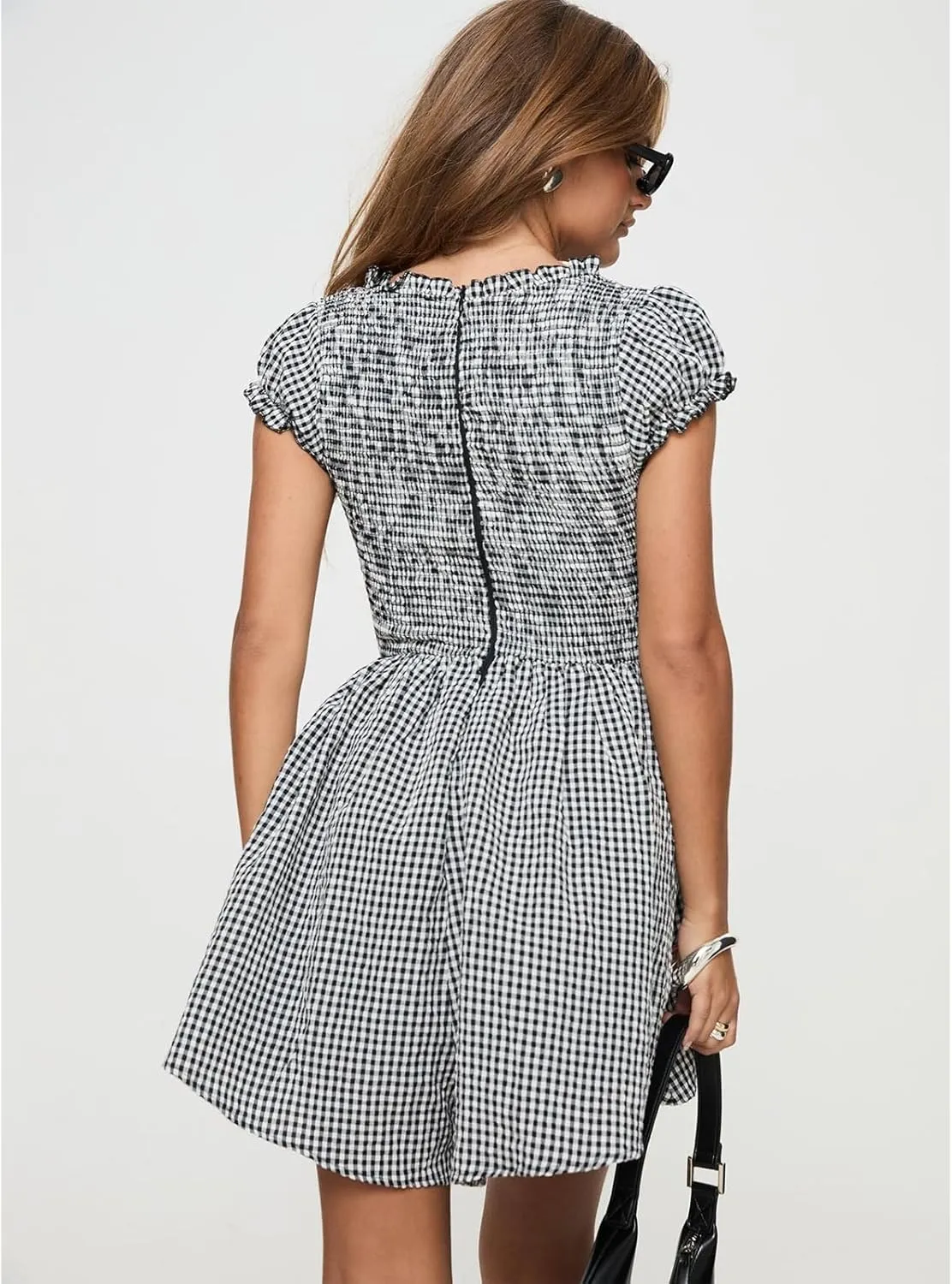 Women Boho Floral Puff Short Sleeve Smocked Ruffle Mini Dress Y2k Square Neck Backless Flowy Babydoll Dresses
