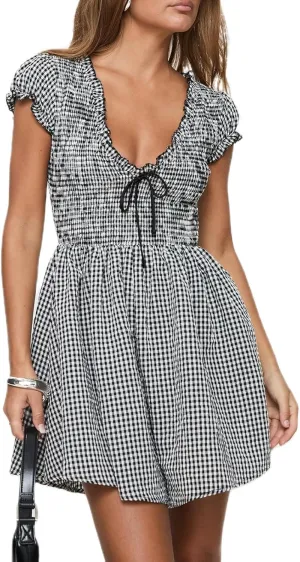 Women Boho Floral Puff Short Sleeve Smocked Ruffle Mini Dress Y2k Square Neck Backless Flowy Babydoll Dresses