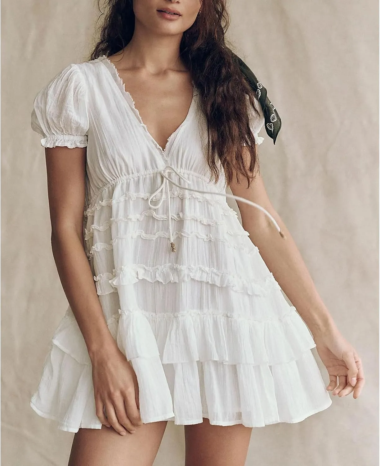Women Boho Floral Puff Short Sleeve Smocked Ruffle Mini Dress Y2k Square Neck Backless Flowy Babydoll Dresses