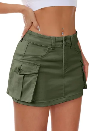 Women Denim Cargo Skirt Mini Low Waist Button Bodycon Y2K Flap Pockets Skirts