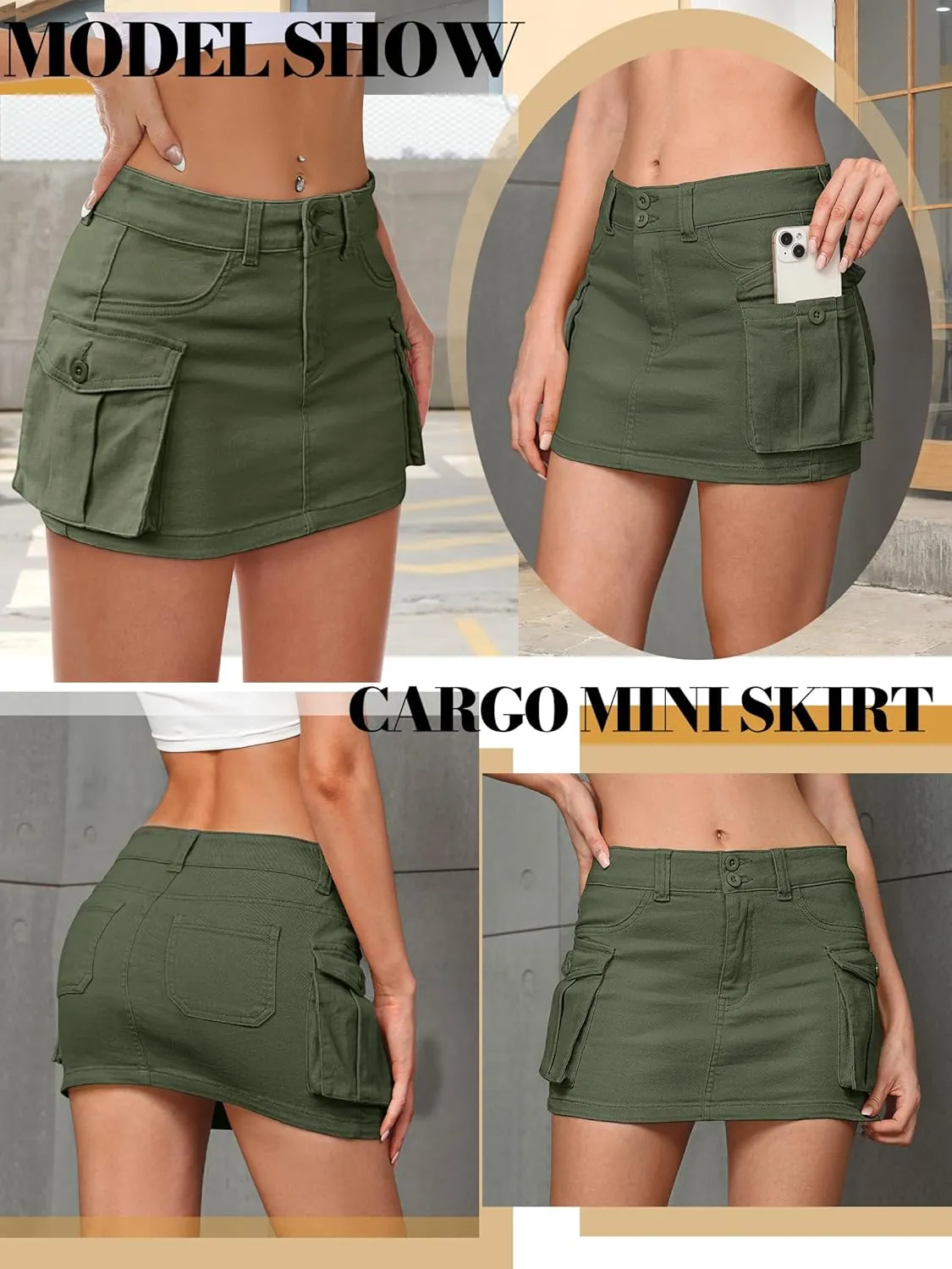 Women Denim Cargo Skirt Mini Low Waist Button Bodycon Y2K Flap Pockets Skirts