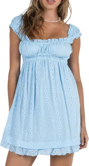 Women Eyelet Dress Ruffle Lace Strap Square Neck Sleeveless A Line Mini Dress Backless Y2k Floral Dress Party Beach Dresses