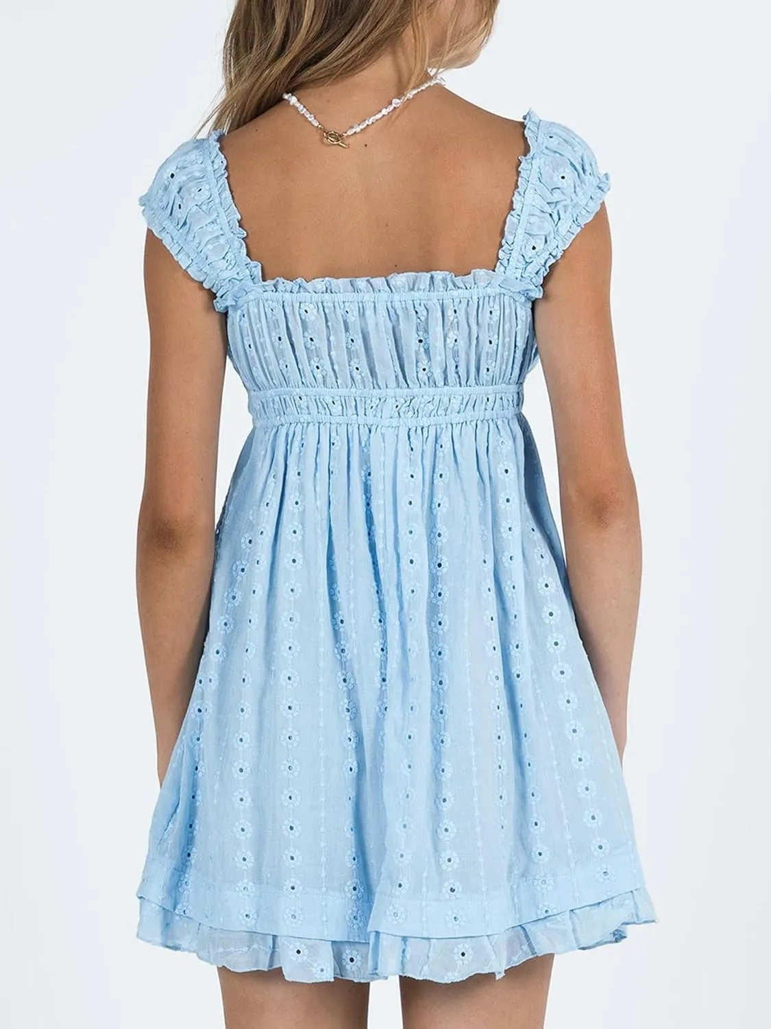 Women Eyelet Dress Ruffle Lace Strap Square Neck Sleeveless A Line Mini Dress Backless Y2k Floral Dress Party Beach Dresses